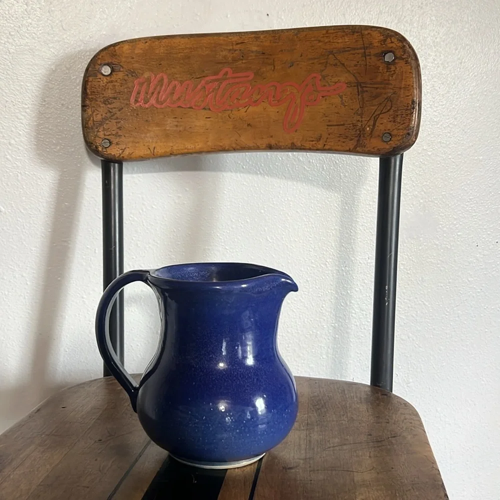 Handmade pottery pitcher blue glaze with handle